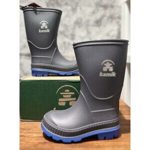 NEW Kamik Stomp Rain Boots Unisex Little Kids Toddlers 6 Charcoal Grey & Blue